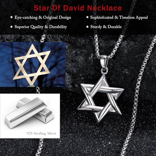 925 Sterling Silver Star of David Necklace Jewish Jewelry with 22"+2" Stainless Steel Round Box Chain4