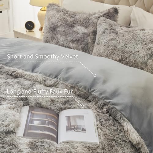 Image of EMME Plush Fuzzy Twin Duvet Cover Set, Luxury Soft Faux Fur Velvet Fluffy Comforter Cover Set 2 Pieces Soft Warm and Durable, 1 Duvet Cover + 1 Pillow Case, Zipper Closure (Tie Dye Light Grey,Twin)