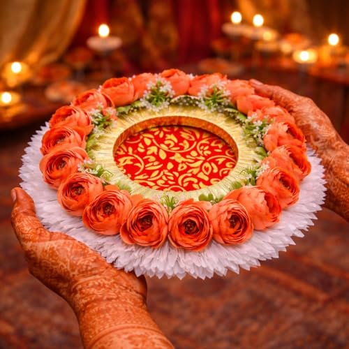 Image of SATYAM KRAFT 1 Pc Handcrafted Engagement Ring Holder Platter Round thali-Ideal for Ring Ceremony, Sagai,shaadi Decor,Marriage, Handmade Decorative Platter for Brides Maid (Orange)