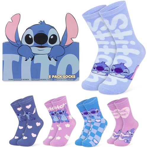 Disney Socks Pack of 5 Soft Breathable Crew Character Socks for Lounging Gifts for Women Wife Girlfriend (5/10 US Multi Stitch)