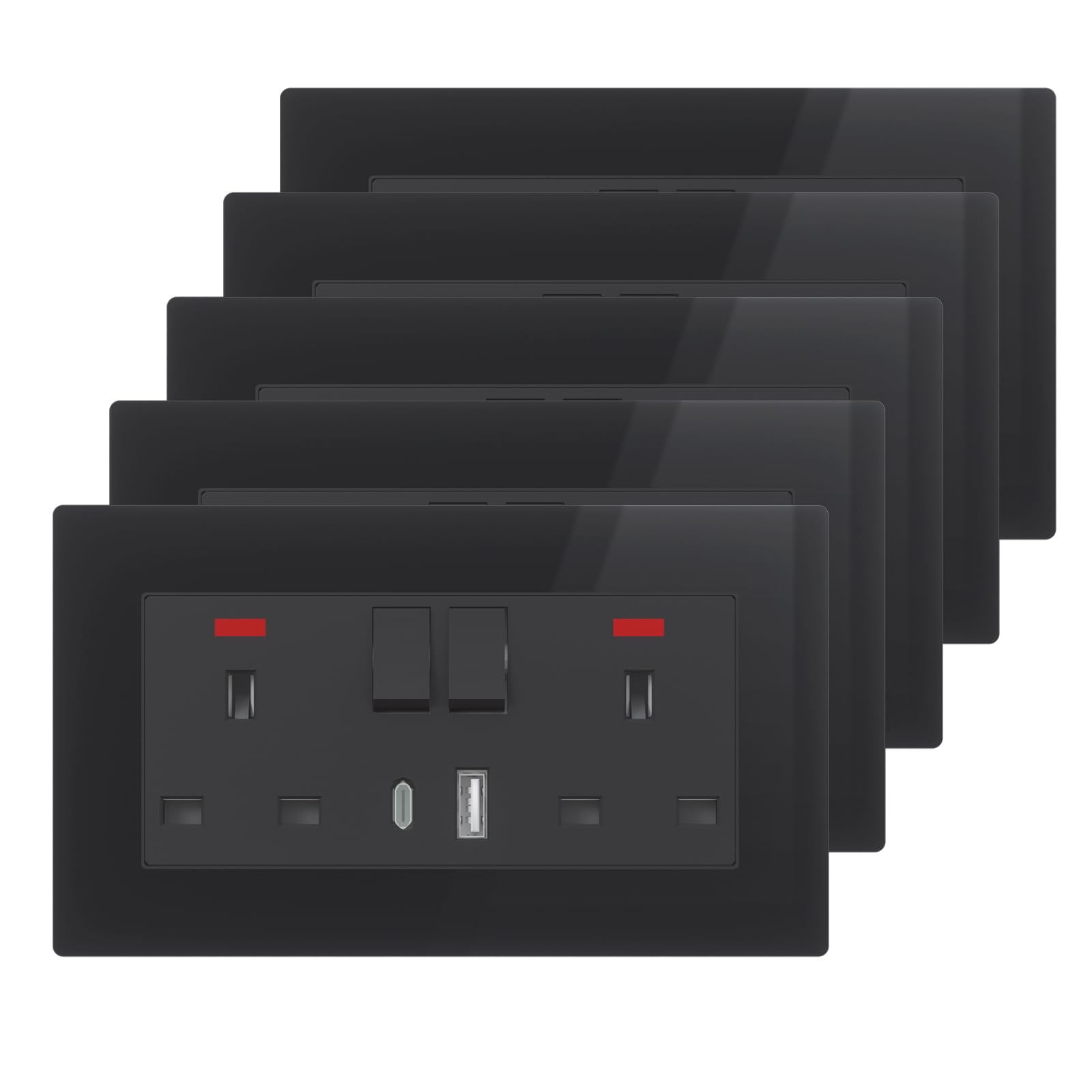 BSEED Double Plug Socket with USB C and USB A,UK Standard Electric Power,Save Space,2 Gang-5 Pack,146mm Black