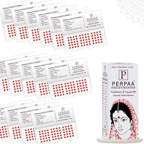 Image of PERPAA Kumkum Velvet Round Bindi Box of 15 Flaps for Ladies Women Forehead Bindi (Stick On) (Size 5, Diameter 6mm, Red)
