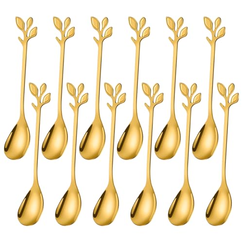 Ateweita Teelöffel Set, Kaffeelöffel aus Edelstahl, hochglanzpoliert, 12cm Kleine Löffel mit elegantes Blätter Design, Mokalöffel, Perfekt für Demitasse und kleine Portionen, Coffee Spoons Kit, 12pcs