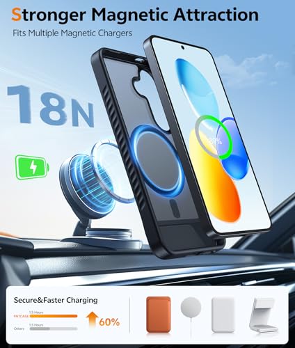 Image of FNTCASE for Samsung Galaxy S25-Plus Case: [Magnetic Stand] [Compatible with Magsafe] Translucent Matte Military Grade Shockproof Drop Rugged Protective Phone Cover, Black