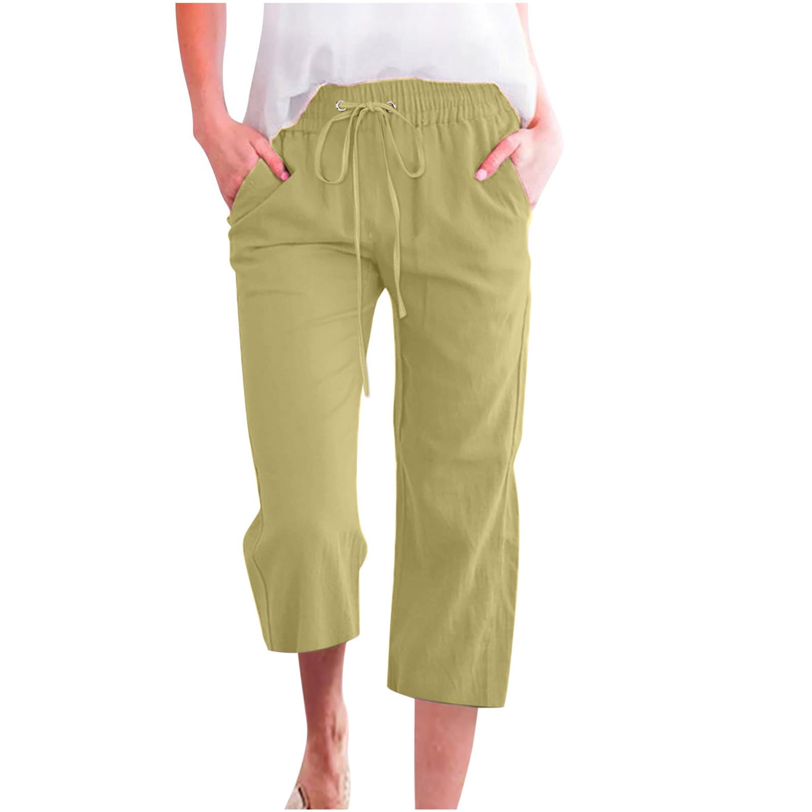 Linen Capri Pants for Women 2026 Cotton Linen Casual Summer Straight Wide Leg Loose Drawstring Elastic Waist Cropped — view 16