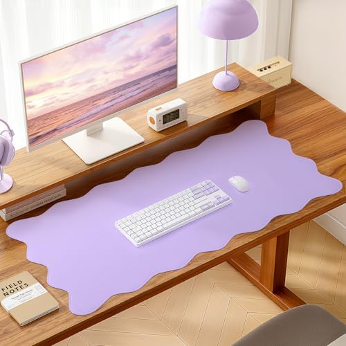 Image of PU Leather Desk Pad, Scalloped Non-Slip Mouse Pad & Large Desk Mat Cover Stitched Edges Writing Pad for Office, Home - Waterproof, Easy to Clean, Durable Surface I 31.4 inchx15.7 inch, Purple