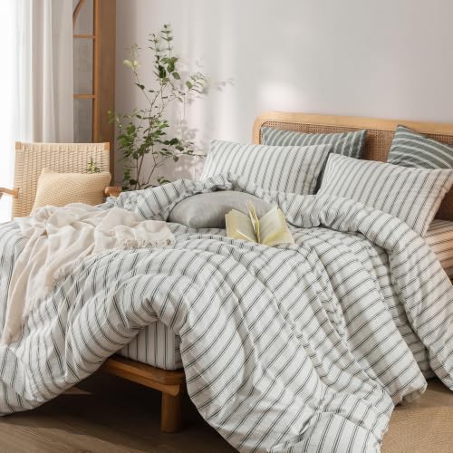 Image of BESTOUCH Striped Cotton Duvet Cover Set Linen Feel Twin | 100% Washed Cotton, Soft Wrinkle Texture, Hidden Zipper, 8 Ties, Breathable Lightweight Durable Comfy, 2 Pcs No Insert