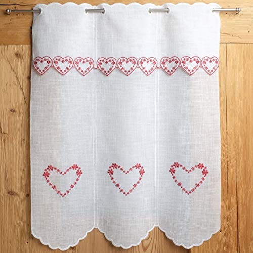 Gaidra Tendina A Vetro in Stile Tirolese su Misura, Ricamo Cuori-CINI – 5600, Colore Rosso, 48 larg. x 60 Alt. cm