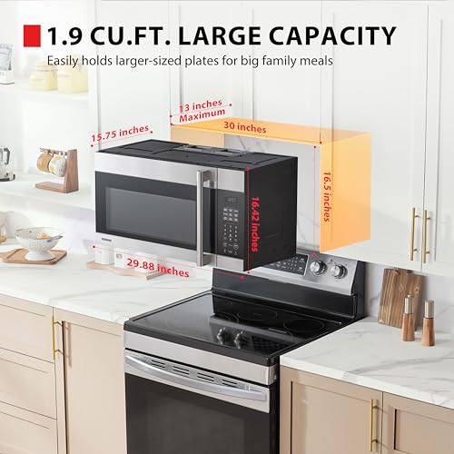 Image of TOSHIBA 1.9 Cu.Ft. Over the Range Microwave Oven with Easy Installation, Soft Close Door, ChefDefrost, Sensor, 400 CFM Ventilation, 1000W, Stainless Steel, OA-EM19PH(SS)