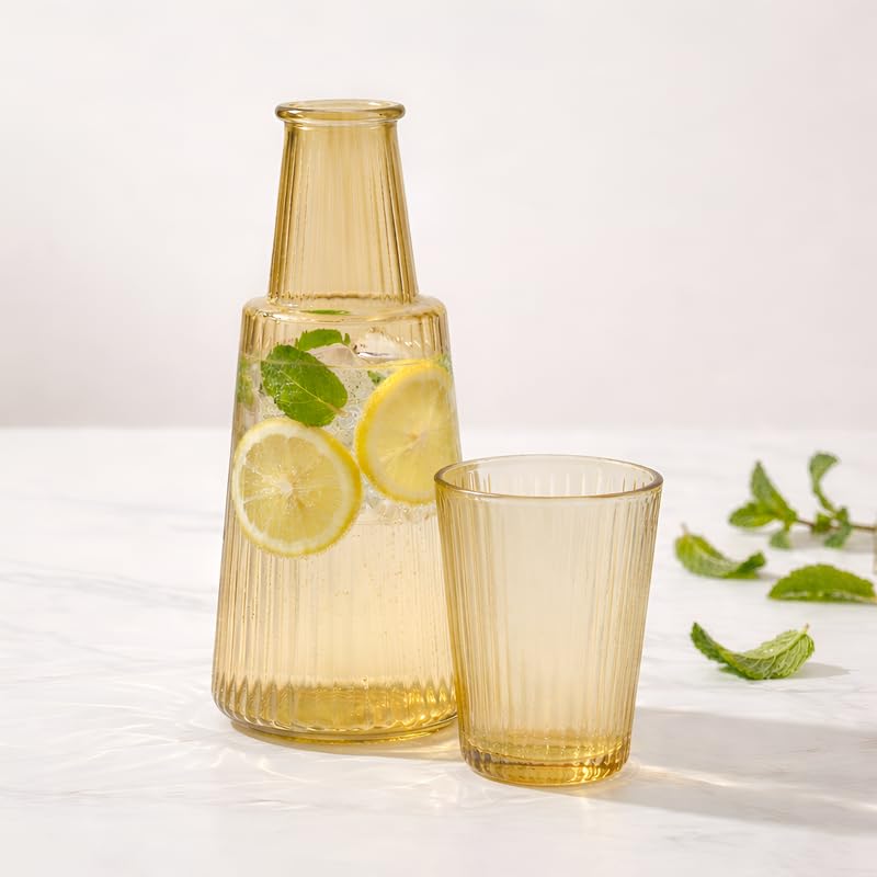 Image of Allo Drinksafe Glass Water Jug with Lid 850ml, Multipurpose Detox Pitcher Jar for Hot & Cold Beverages, Milk, Juice, Iced Tea, Ideal for Gifting, Serving, Dining Table(0.85 Litre Gold Stripped)