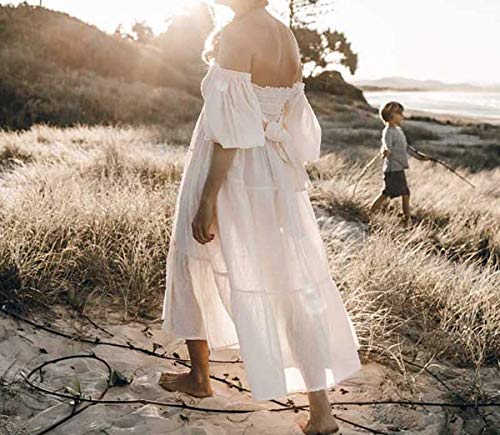 RVivimos-Womens-Summer-Cotton-Plaid-Puff-Sleeves-Bow-Casual-Off-Shoulder-Boho-Midi-Dress
