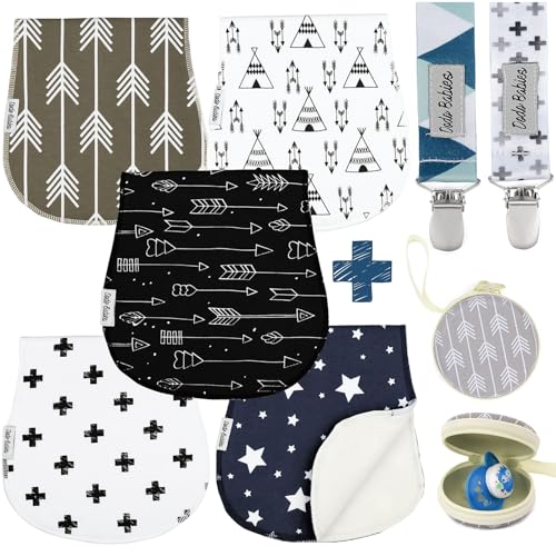 Image of Dodo Babies 5-Pack Baby Burp Cloths - Soft Absorbent & Neutral Burp Cloths - Contoured Shoulder Fit & Baby Boy Essentials - Includes Pacifier Case & Pacifier Clip - Blue Grey Black, 2 Clips & 1 Case