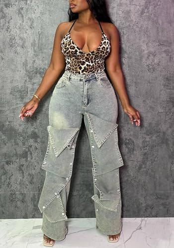 LETSVDO Women's High Waisted Cargo Jeans Straight Wide Leg Baggy Detachable Patchwork Asymmetrical Stretch Denim Pants3