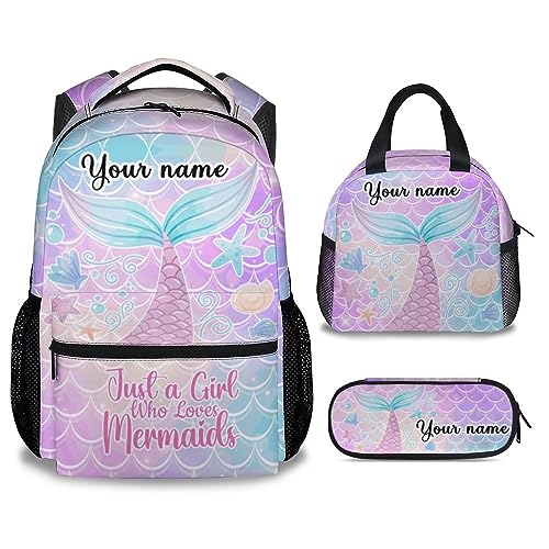 Personalized Mermaid Backpack with Lunch Box Set for Girls, 3 in 1 School Backpacks Matching Combo, Cartoon Pink Bookbag and Pencil Case Bundle