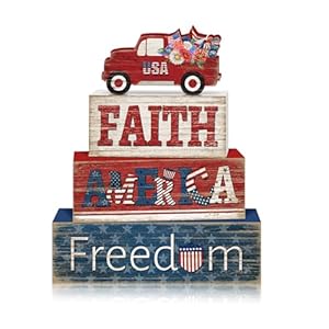 Britimes 4 Pcs Memorial Day Decor Patriotic Tiered Tray Decorations Set, 4th of July Table Sign Farmhouse Red White Blue Rustic Wooden Block Stack Sign for Home Fireplace Mantel (Independence Day Car)