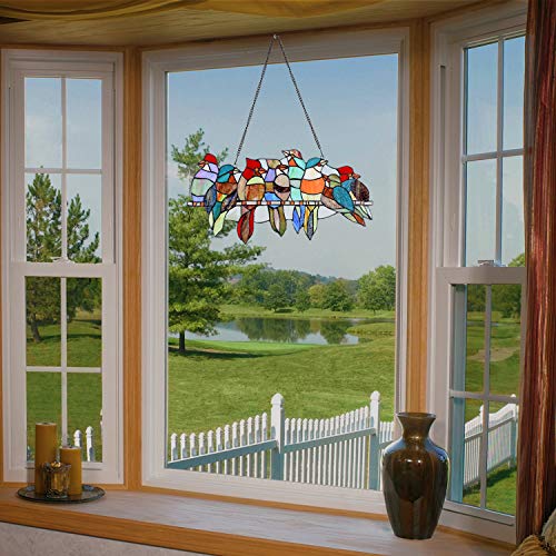COTOSS Tiffany Stained Glass Window Hangings, 8 Birds on a Wire Stained Glass, Stained Glass Panels, Art Glass Window Treatments
