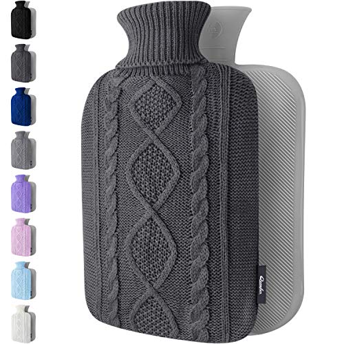 hot water bottle bed - Qomfor Hot Water Bottle with Cover - 1.8L Large - Premium Hot Water Bag with Knitted Sweater Cover - Great for Cramps, Pain Relief & Cozy Nights - Water Heating Pad - Feet & Bed Warmer - Dark Gray