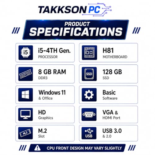 Image of TAKKSON Core i5 Desktop Computer PC | Core i5 4th Gen | 8 GB RAM | 128 GB SSD | HDMI | VGA | Ethernet | HD Graphics | USB 3.0 | Windows 11 Pro & Office