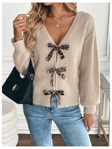 GORGLITTER Women's Leopard Bow Cropped Cardigan Lightweight Y2K Cheetah Long Sleeve Knit Sweater Fall Fashion Trendy 20254