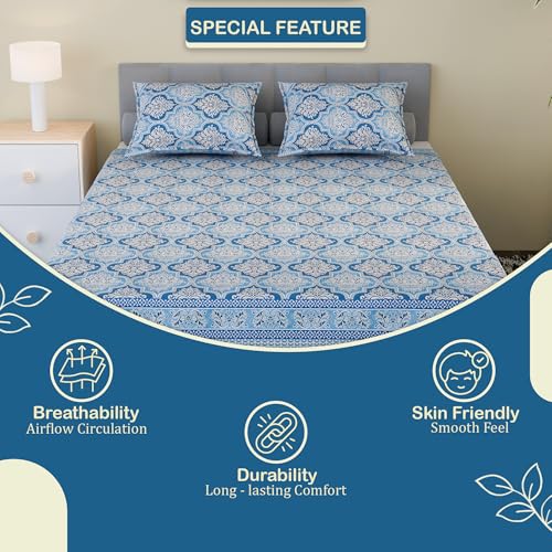Image of Kuber Industries Cotton 160 TC Double Bedsheet With 2 Pillow Covers | Machine Washable Soft Bedsheet For Living Room, Home & Hotels | Flower Heritage Print - Blue