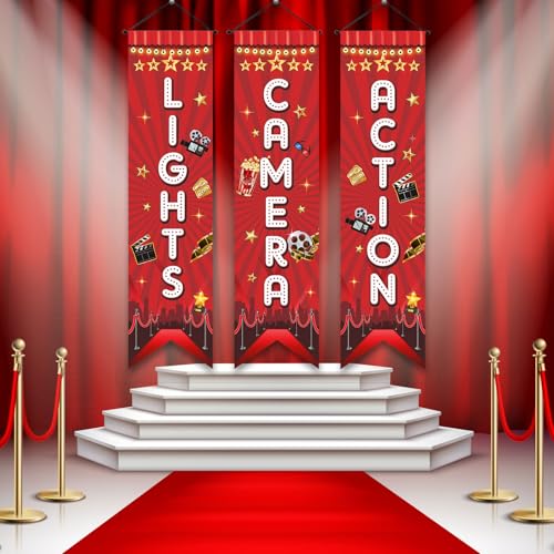 Image of Tegeme 3 Pcs Movie Night Porch Sign Banner Movie Theme Party Decorations Theater Welcome Now Showing Light Camera Action Hanging Porch Sign for Home Film Backdrop Party Supplies (Red,Camera)