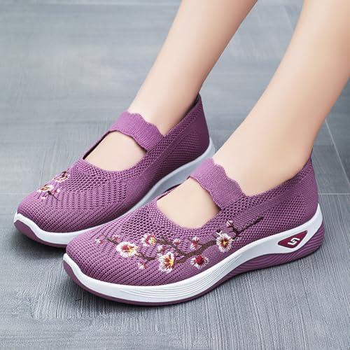 Womens Embroidered Flower Shoes Slip On Knit Flat Loafers Woven Orthopedic Casual Breathable Soft Sole Sneakers Arch Support Stretch Mesh Platform Comfortable Walking Nurse Shoe2