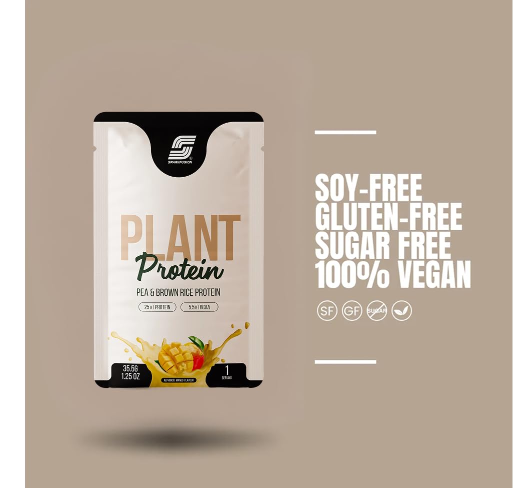 Sparkfusion Plant Protein Powder Isolated Pea & Brown Rice Protein | 25g Protein per Sachet | 5.5g BCAA | Vegan, Gluten Free & Sugar Free | Alphonso Mango Flavour | Pack of 10 Sachets — Amazon image 2