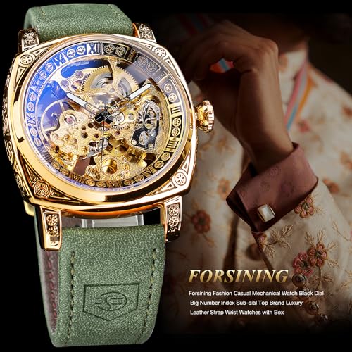 Image of FORSINING Fancy Watches for Men, Square Retro Mechanical Watch Self-Wind Carved, Gear Movement Golden Skeleton Automatic Watches Vintage Leather Strap Wrist Watch