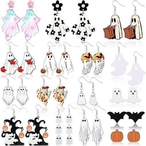 Kigeli 16 Pairs Halloween Earrings Bulk for Women Cute Gothic Ghost Pumpkin Bat Cat Earrings Dangle