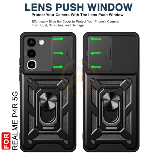 Image of Armor Bumper Back Cover Case for Realme P4R 5G Rotating Camera Cover, Ring Holder & Kickstand | Heavy Duty & 360 Degree Protection Realme P4R 5G Back Cover (Black)