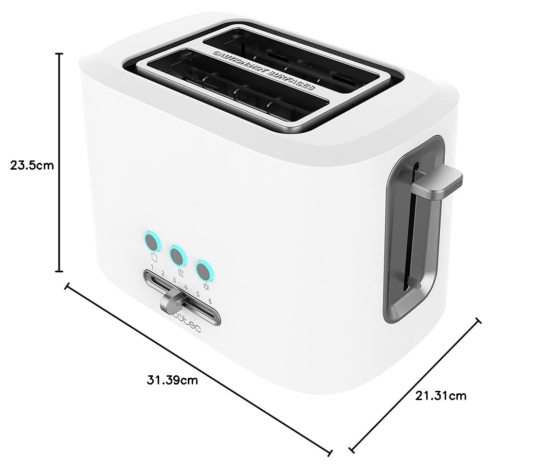 Cecotec Tostapane Toast&Taste 9000 Double White. 980 W, Double in plastica con 2 Fessure corte extra-larghe, 3 Funzioni preimpostate, Rifiniture in acciaio inossidabile