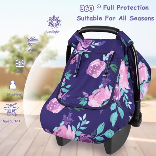 Image of Windproof Baby Car Seat Cover, 3D Mink Dot Infant Car Seat Canopy with Breathable Mesh Window, Baby Carrier Cover for All Seasons, Easy Access Carseat Carrier Snug Fit Infant Stroller(Purple Flower)