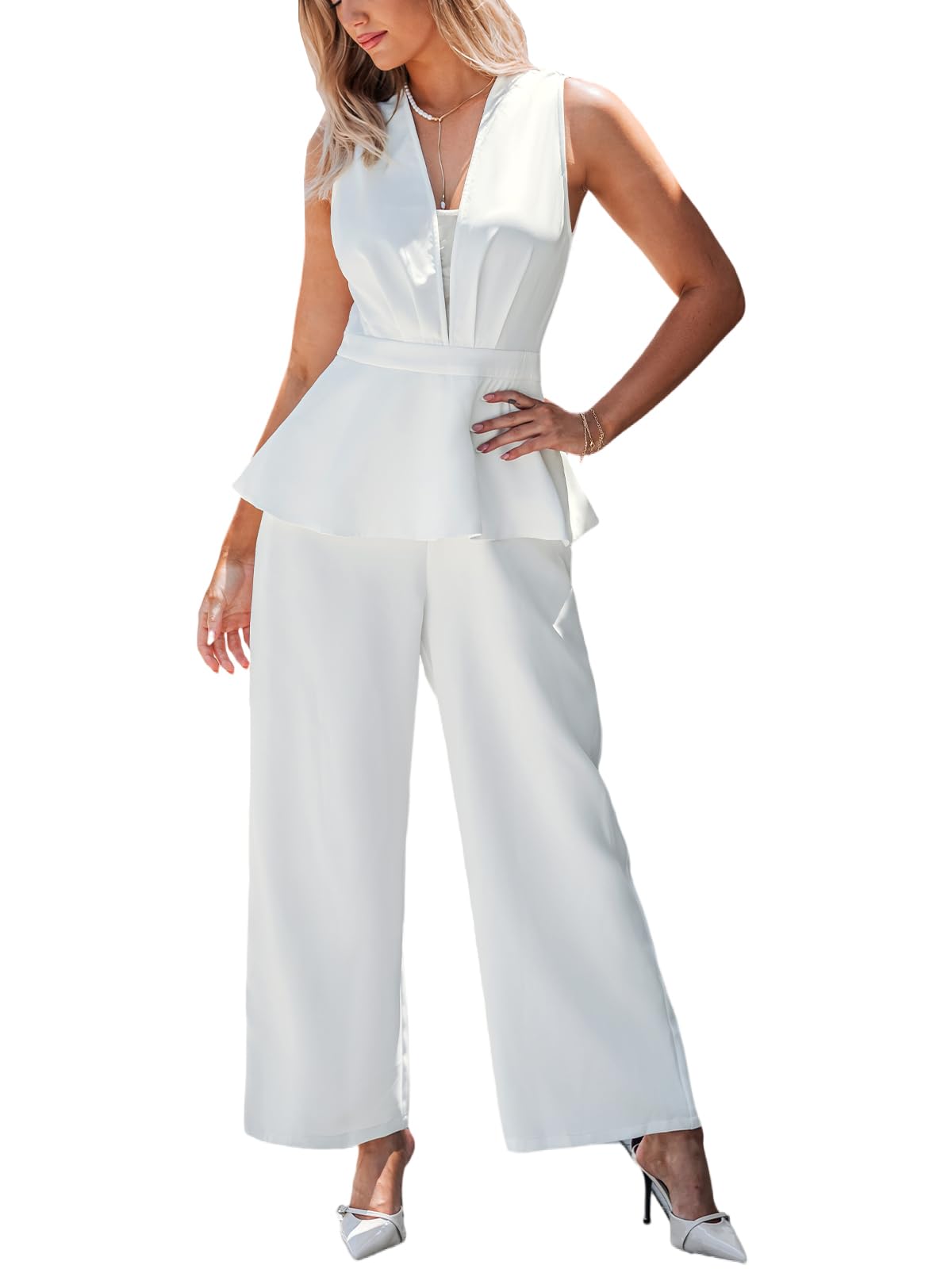 CUPSHE Tuta da donna con scollo a V, senza maniche, con volant, gambe larghe, in rete, design elegante