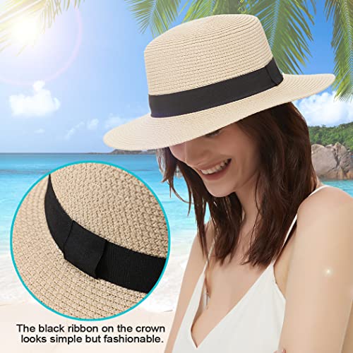 Sireck Women Straw Hat Wide Brim Sun Hat With Chin Strap Sun Protection Summer Beach Hat Fedora Boater Hat (Khaki) #TOP3