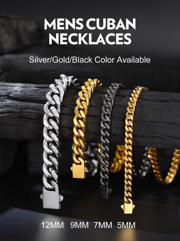 Bandmax Mens Stainless Steel Chain Necklaces 5/7/9/12MM Chunky Miami Cuban Link Chain Necklace Silver/Gold Plated/Black Chains for Men 18"-30" - Image 9