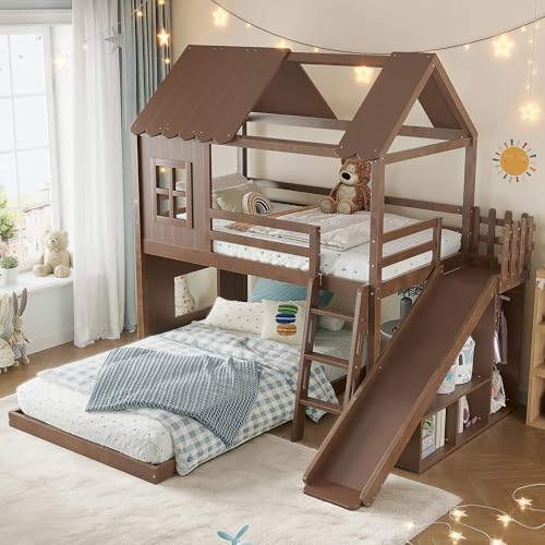 Image of Bellemave Twin Over Full House Bunk Bed with Slide and Storage Shelves for Kids,Solid Wood Floor Bunk Bed Frame with Wardrobe and Inclined Ladder for Girls Boys,Deep Natural
