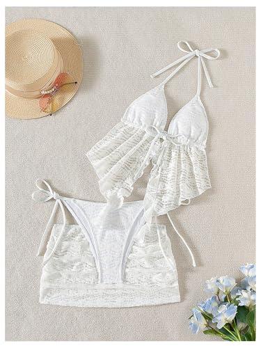 Women's 3 Piece Lace Ruffle Tankini Swimsuits Set Backless Halter Bathing Suit Festival Beach Outfits3