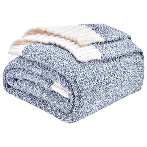 Image of CozeCube Reversible Knitted Throw Blanket, Dusty Blue White Melange 60 inchx80 inch