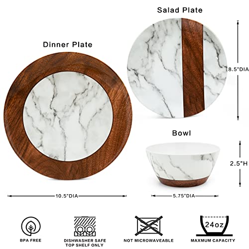 Lehaha Rustic Modern Melamine Dinnerware Sets, Marble 12-Piece Lightweight Outdoor Plates And Bowls Sets, Unbreakable Wood Patterns Dishes Dinnerware Set, Service For 4 #TOP5