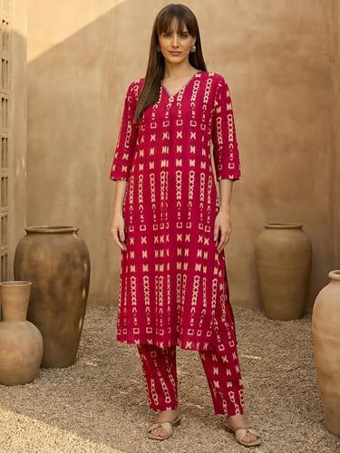 Image of INDO ERA Women Cotton White Printed Straight Kurta Pant Set