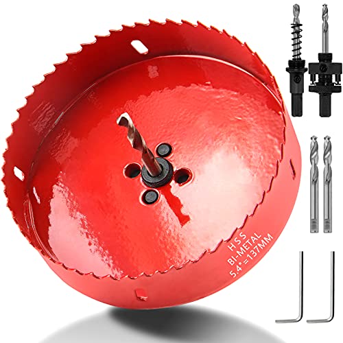 Image of Luomorgo 137mm /5 3 /8 inch Hole Saw with Arbor | 1 1 /4 inch Cutting Depth, HSS Bi-Metal, For Wood Cornhole Boards Plastic Drywall & Metal Sheet
