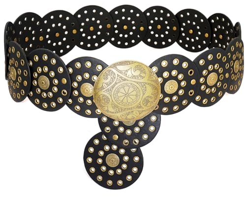 Wide Disc Belts for Women Concho Leather Disk Belt Hollow Out Western Waist Belts for Dresses