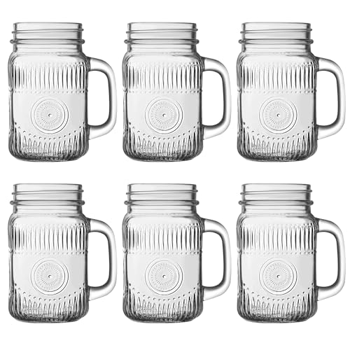 Amzcku vintage Clear Drinking Jar 16 OZ Drinking Jars with Comfortable Handle for Party Beverages 6 pcs