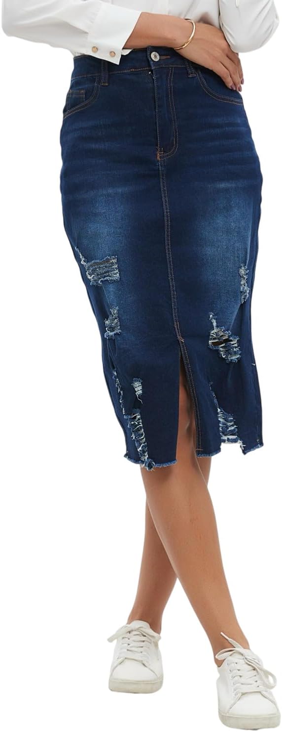 ZMTUO Women's Denim Skirt High Waisted Stretch Distressed Midi Skirt for Everyday Chic Y2K Style