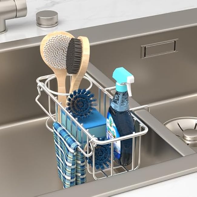 3-in-1 Sink Caddy Organizer,Stainless Steel Sponge Holder for Kitchen with Soap Dispenser & Brush Holder,Hanging Sink Organizer for Sponge, Scrubber,Dish Brush,Rustproof & Easy to Clean