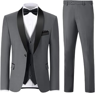 Men's 3 Piece Slim Fit Suit One Button Shawl Lapel Jacket Vest Pants Tuxedo Set with Bow Tie Pocket Square