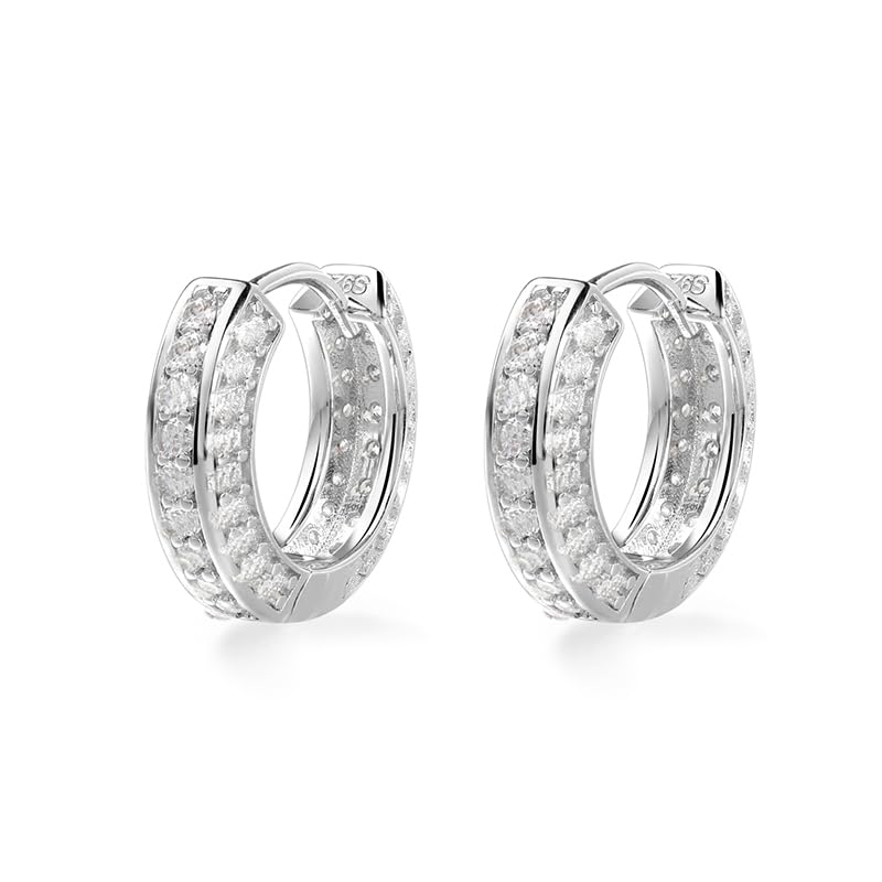 4ct Moissanite Hoop Earrings for Men, Hoops Earrings Brilliant Round Iced Out, D Color VVS1 18K White Gold Plated 925 Sterling Silver Hypoallergenic, Lab Created Diamond Gift For Him Boyfriend White