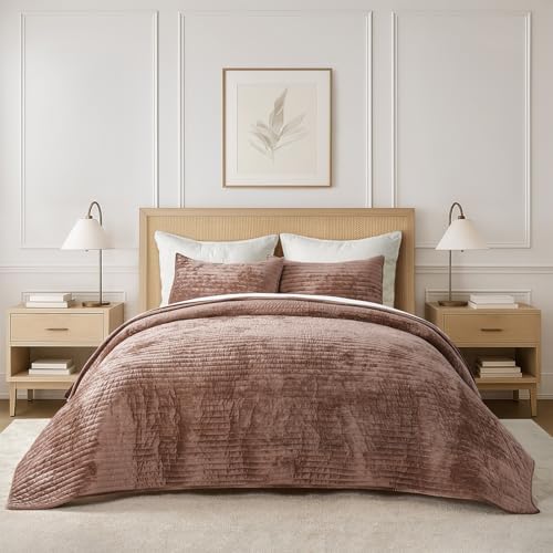 EverGrace Velvet Quilt Set King Size, Luxurious Soft Striped Chan...