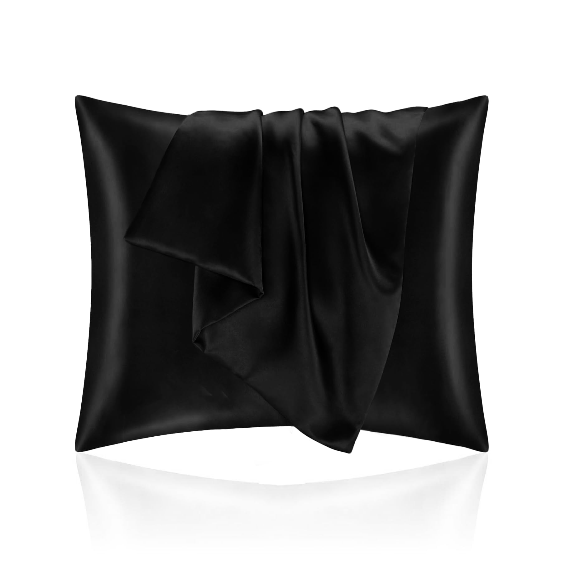 Satin Pillowcase for Bed 65x65 cm, Silky Pillow Case for Skin and Hair Protection, Oeko-Tex Super Soft and Hypoallergenic, 2 x Zippered Pillowcase, Black