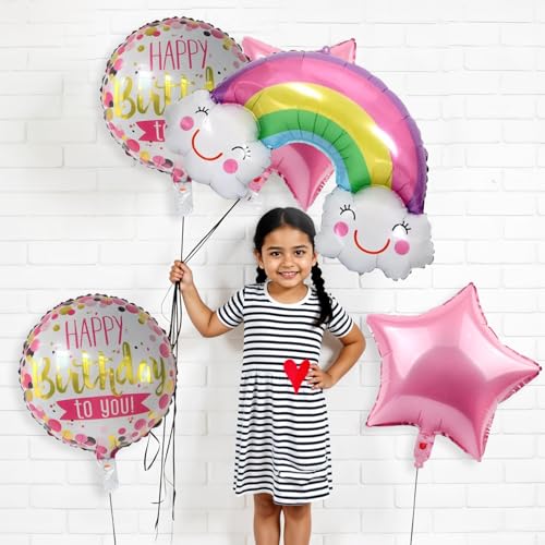 Image of Party Propz Rainbow Theme Decoration For Birthday - Set of 5 Pcs Rainbow Balloon For Decoration Combo | Happy Birthday Foil Balloon | Star Foil Balloons For Decorations | Pink (Foil)